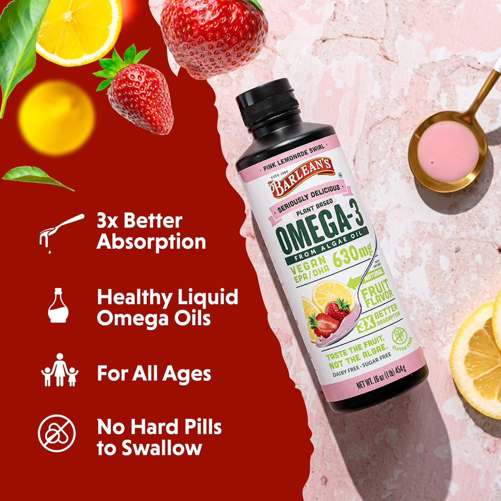 Barlean's Pink Lemonade label closeup shows non-GMO, gluten-free, vegan ingredients.