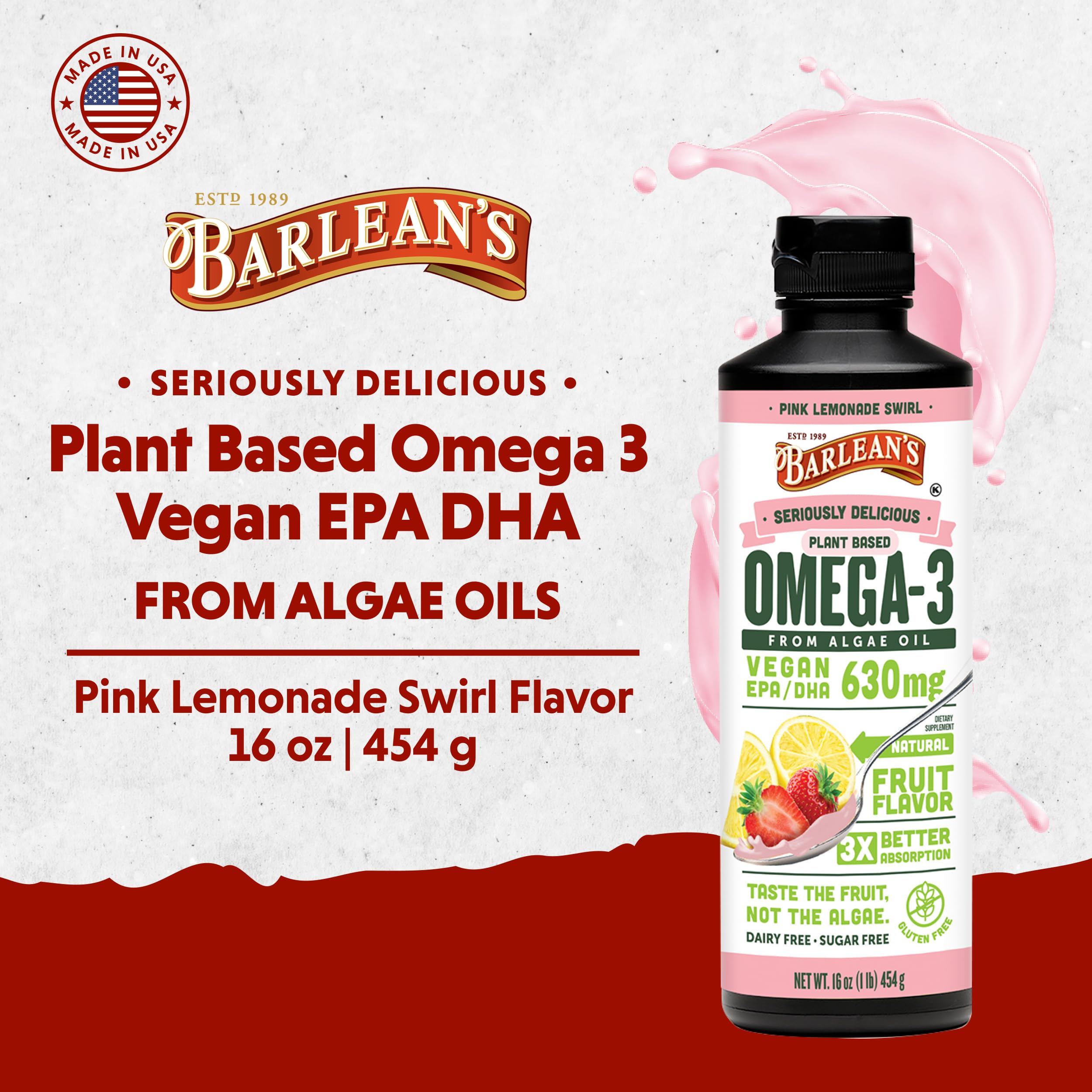 Barlean's Pink Lemonade spoon serve highlights convenient intake on busy mornings.