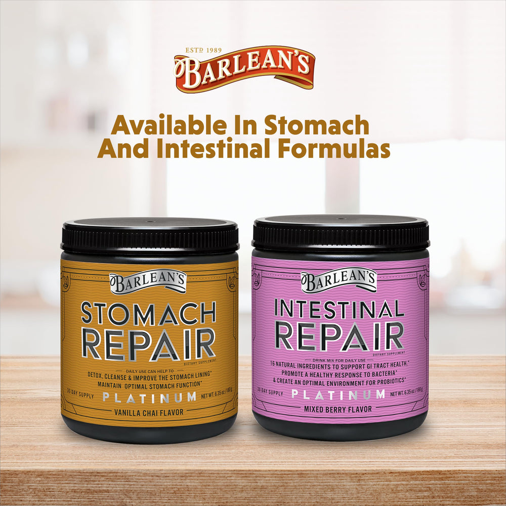 Barlean's Stomach Repair serving in a glass with warm vanilla chai.