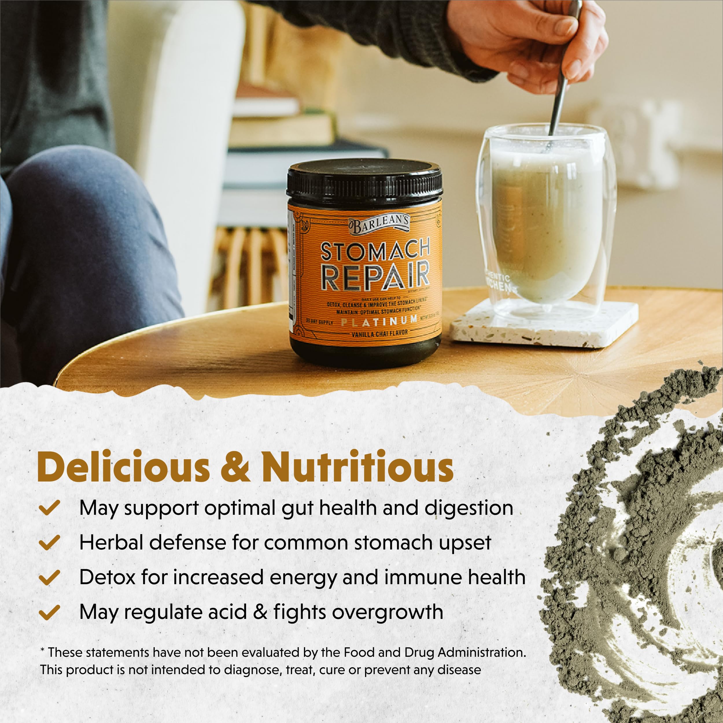 Barlean's Stomach Repair ingredients panel highlights six active gut-support components.