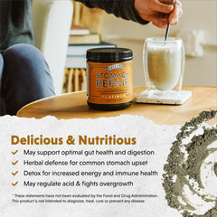 Barlean's Stomach Repair ingredients panel highlights six active gut-support components.
