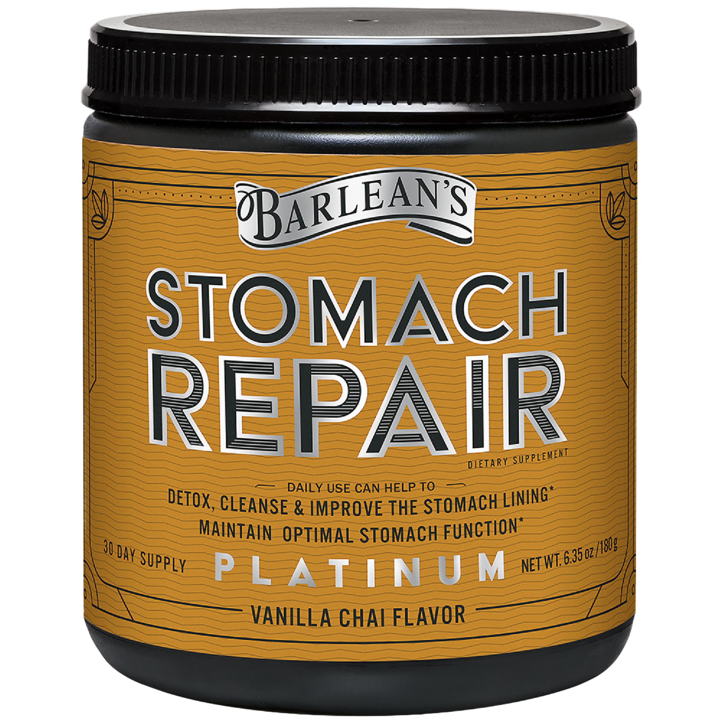Barlean's Stomach Repair powder tub shown for convenient daily gut support.