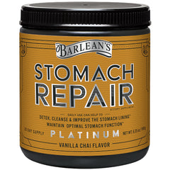 Barlean's Stomach Repair powder tub shown for convenient daily gut support.