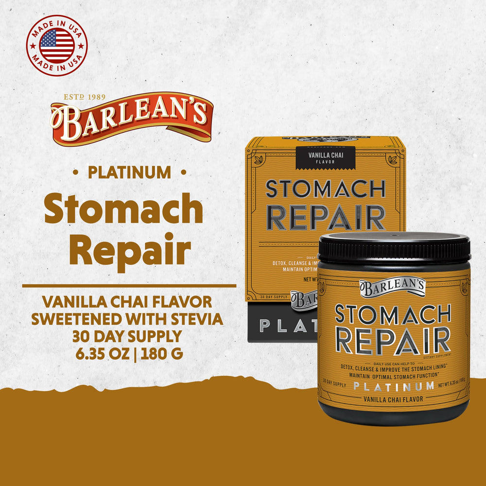 Barlean's Stomach Repair powder with spoon ready for easy daily servings.