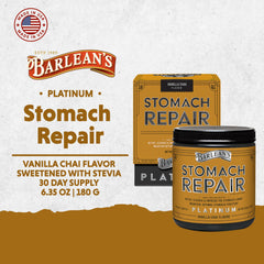 Barlean's Stomach Repair powder with spoon ready for easy daily servings.