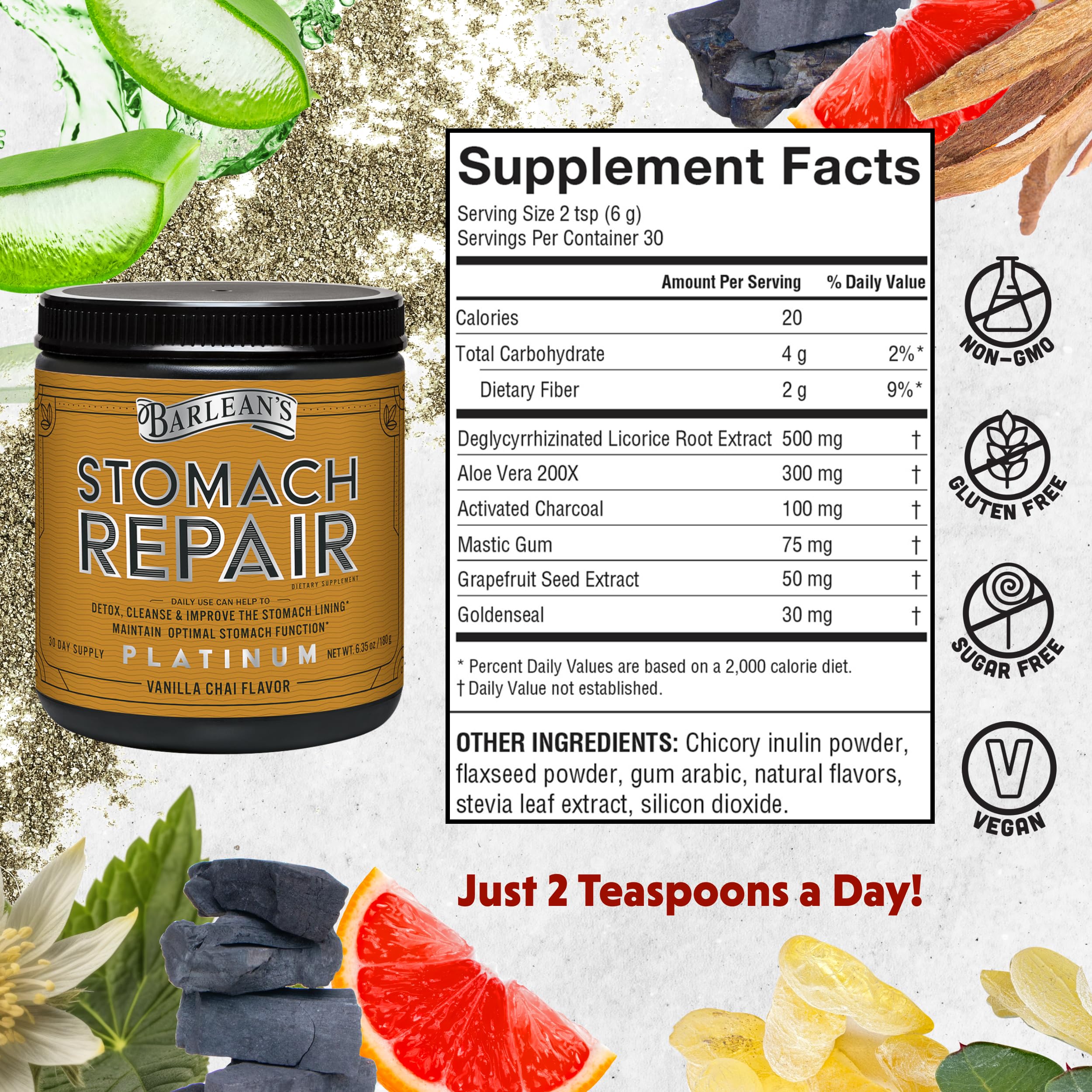 Barlean's Stomach Repair vanilla chai flavor dissolving in water for a soothing cleanse.