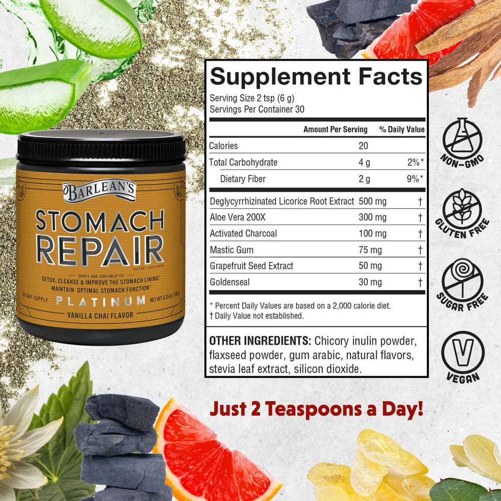 Barlean's Stomach Repair vanilla chai flavor dissolving in water for a soothing cleanse.
