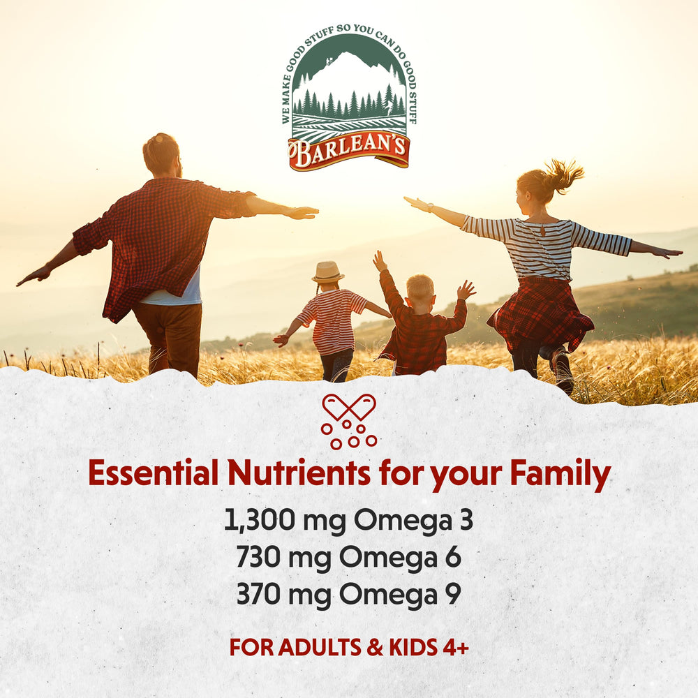 Barlean's 16 oz bottle showing the USA-made omega oil supplement.