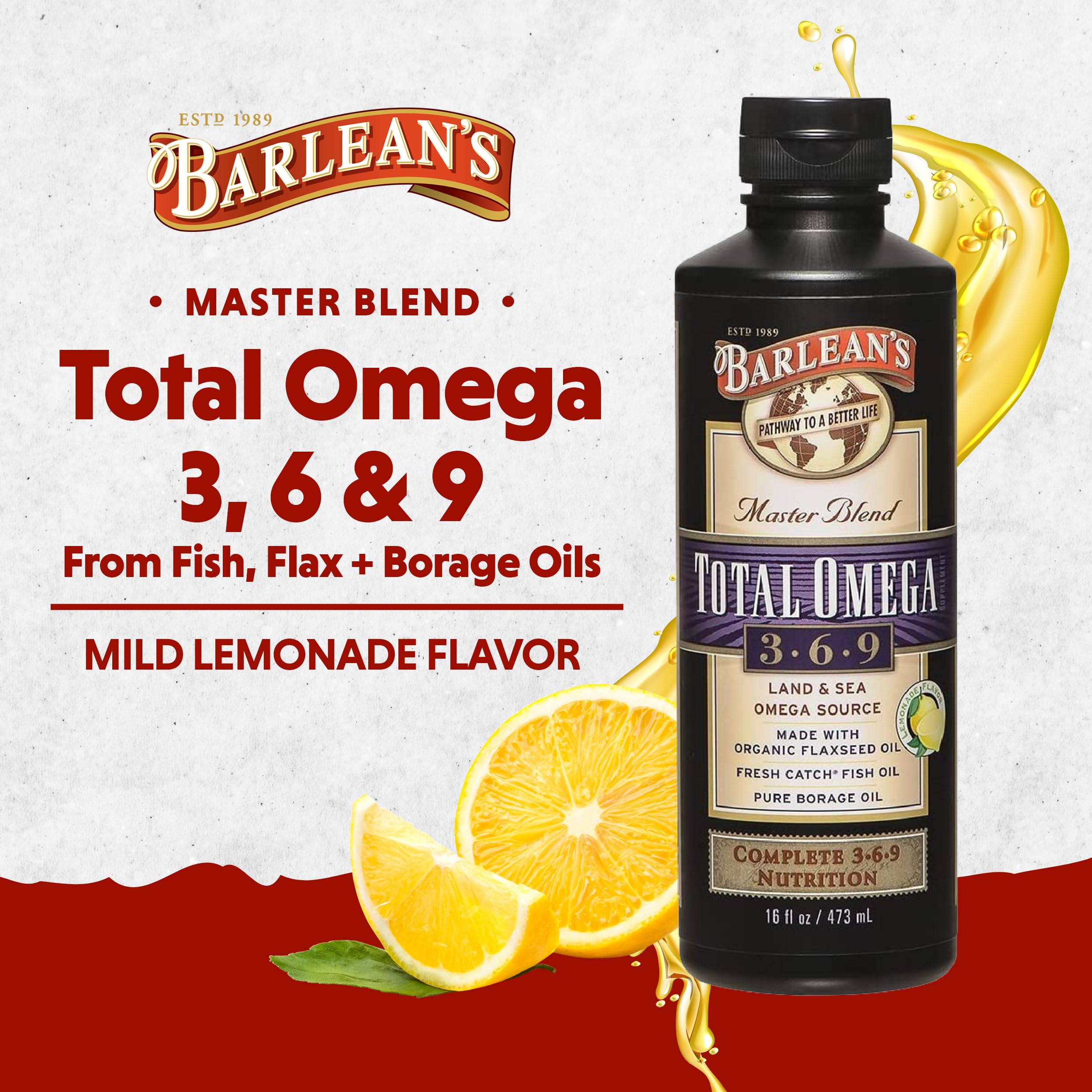 Barlean's Total Omega 3 6 9 lemon-flavored bottle shown for taste-friendly omega support