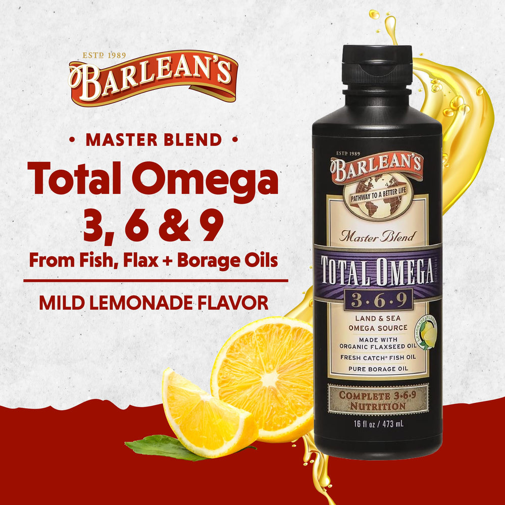 Barlean's Total Omega 3 6 9 lemon-flavored bottle shown for taste-friendly omega support