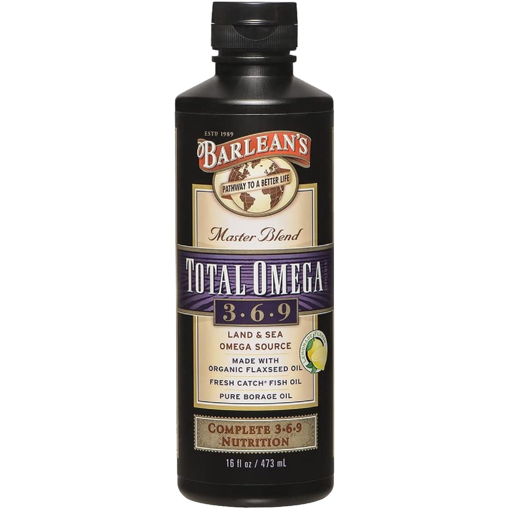 Barlean's Total Omega 3 6 9 liquid bottle ready for daily omega intake
