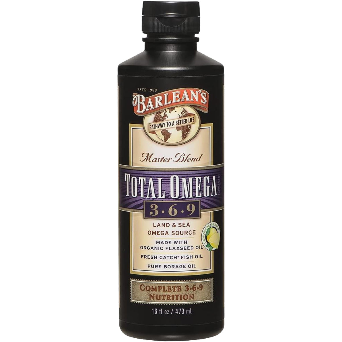 Barlean's Total Omega 3 6 9 liquid bottle ready for daily omega intake