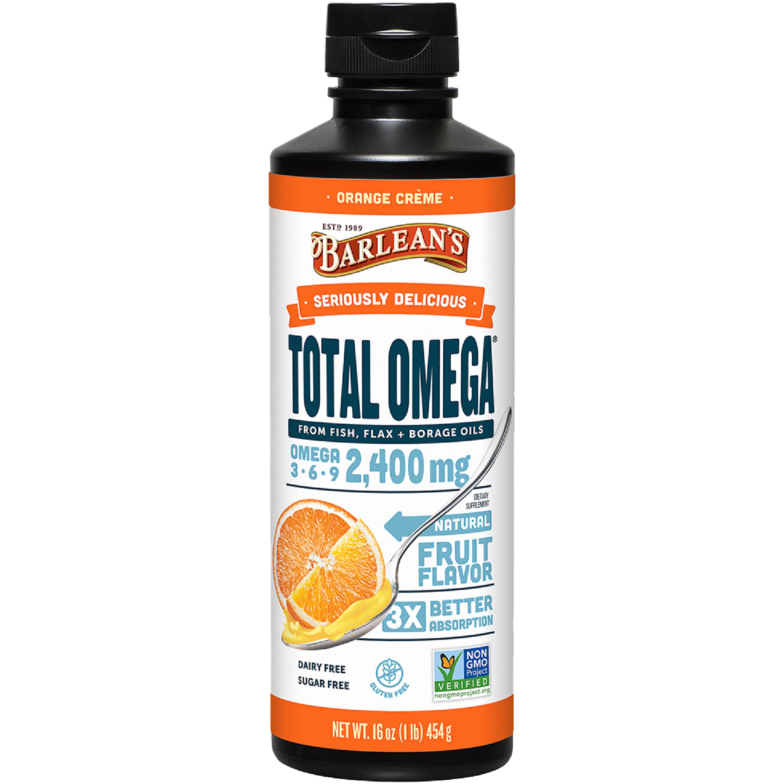 Barlean's Total Omega 3 6 9 bottle with orange creme flavor for smooth omega intake.