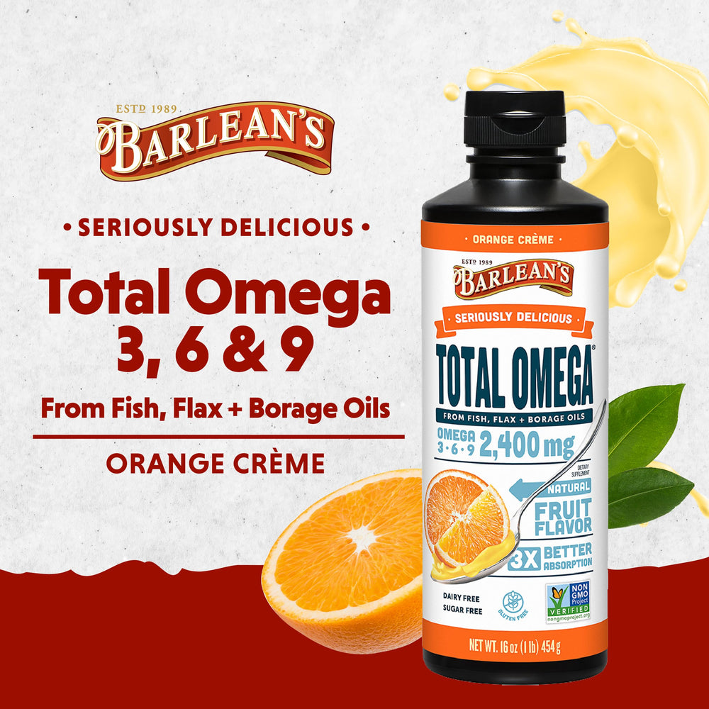 Close-up of Barlean's Omega 3 6 9 label highlighting orange creme formula for easy daily omegas.