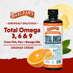 Close-up of Barlean's Omega 3 6 9 label highlighting orange creme formula for easy daily omegas.