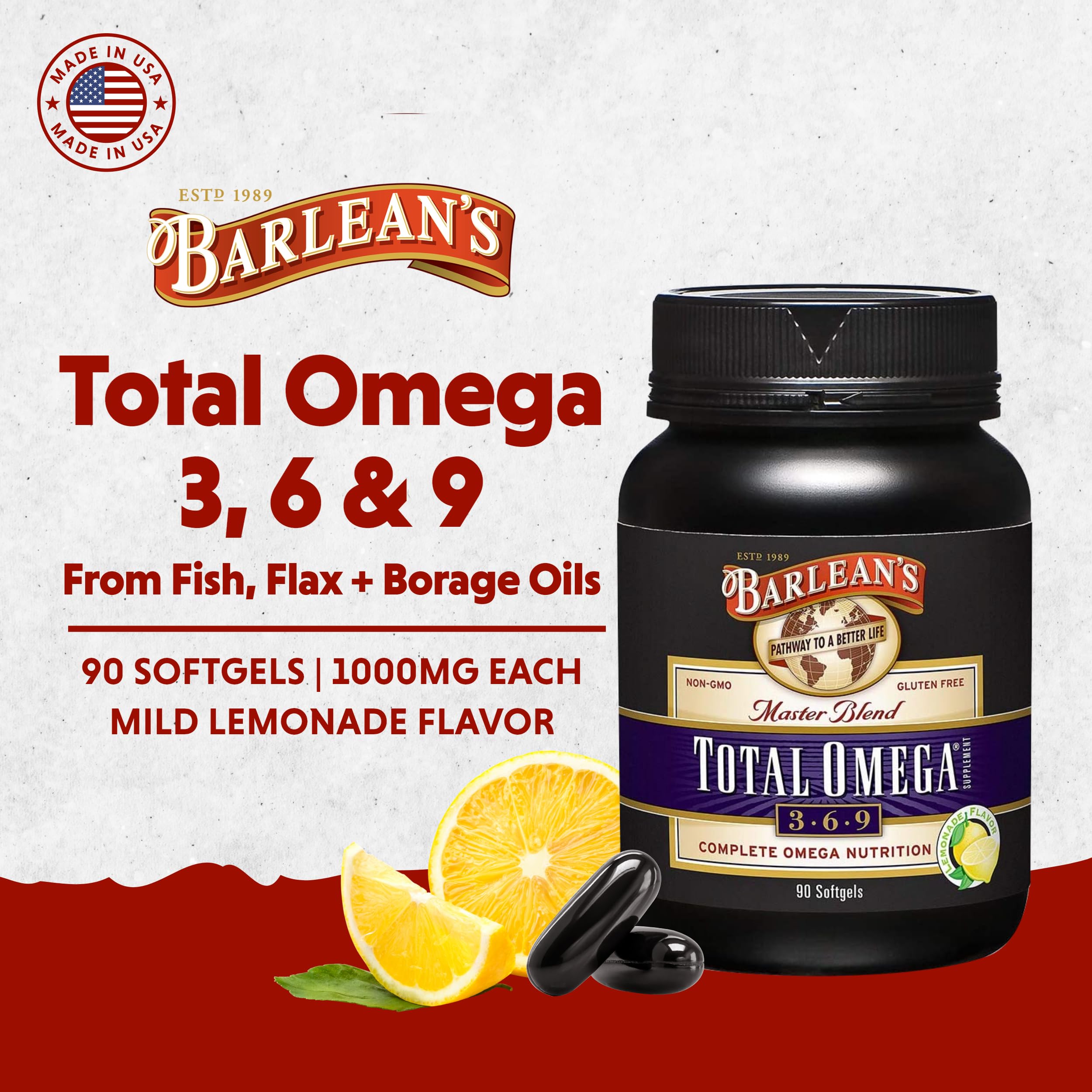 Barlean's Total Omega 3-6-9 label close-up emphasizes lemon flavor and third-party quality.