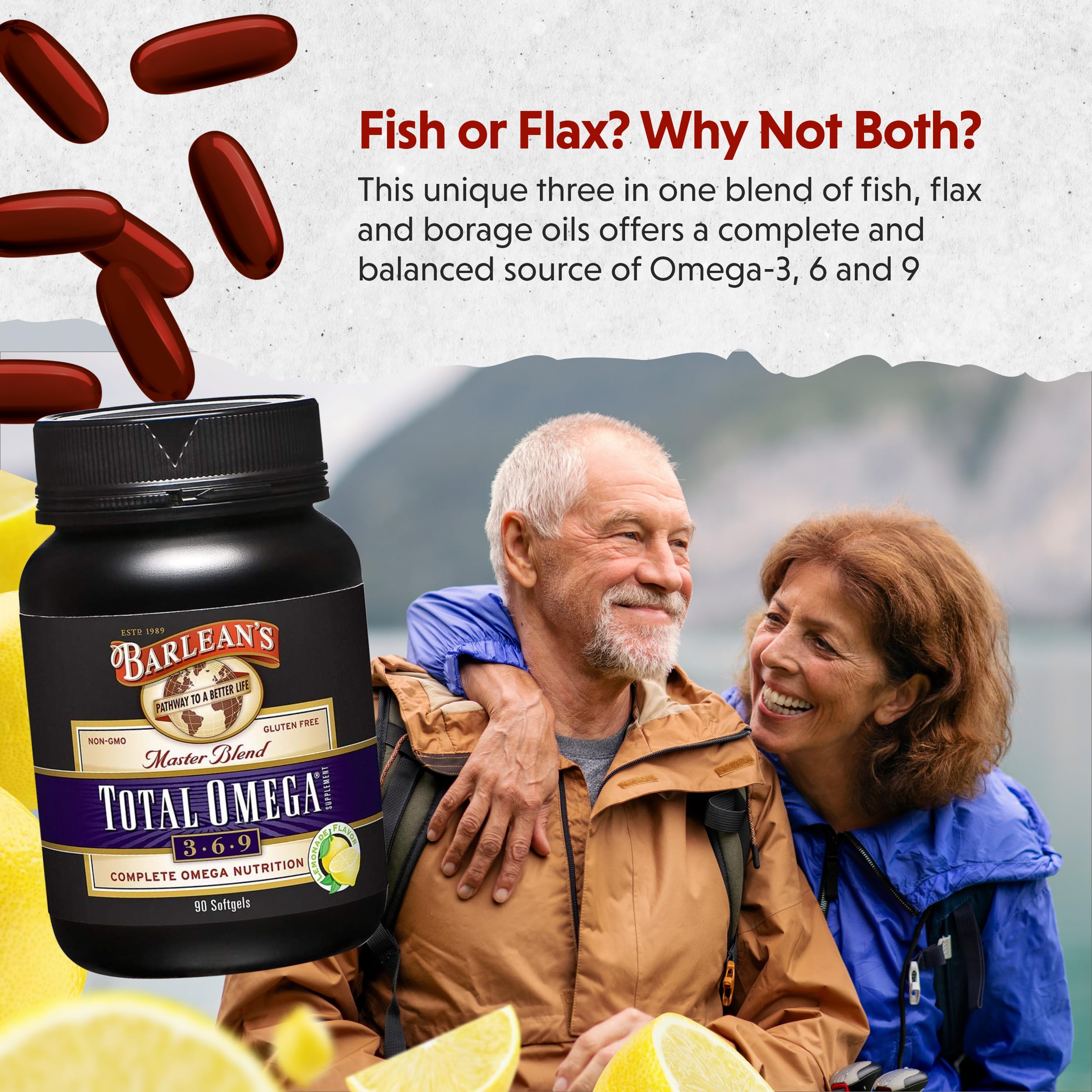 Barlean's Total Omega 3-6-9 lemon flavor softgels for easy daily intake.
