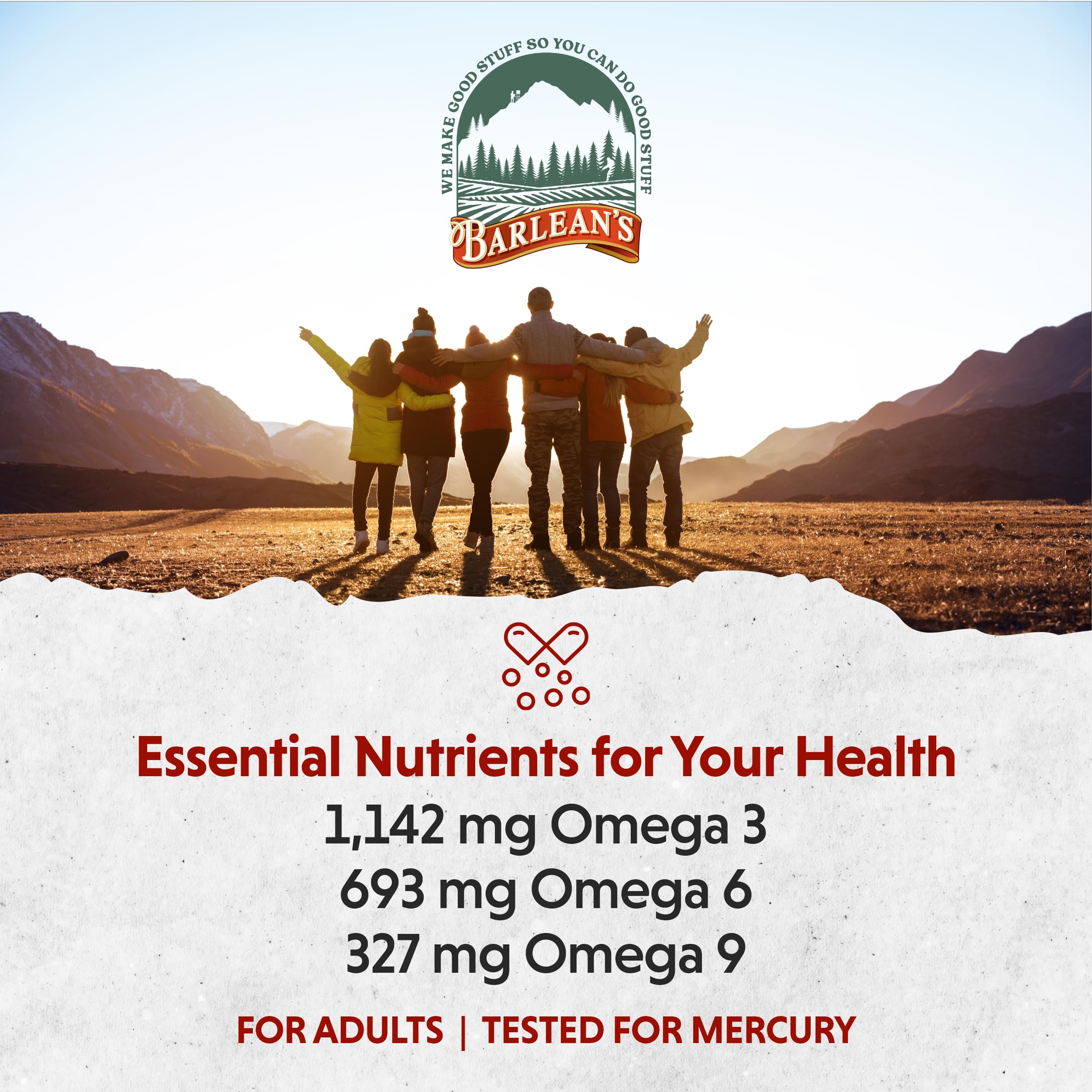 Barlean's softgels in hand illustrate 3-per-day serving guidance.