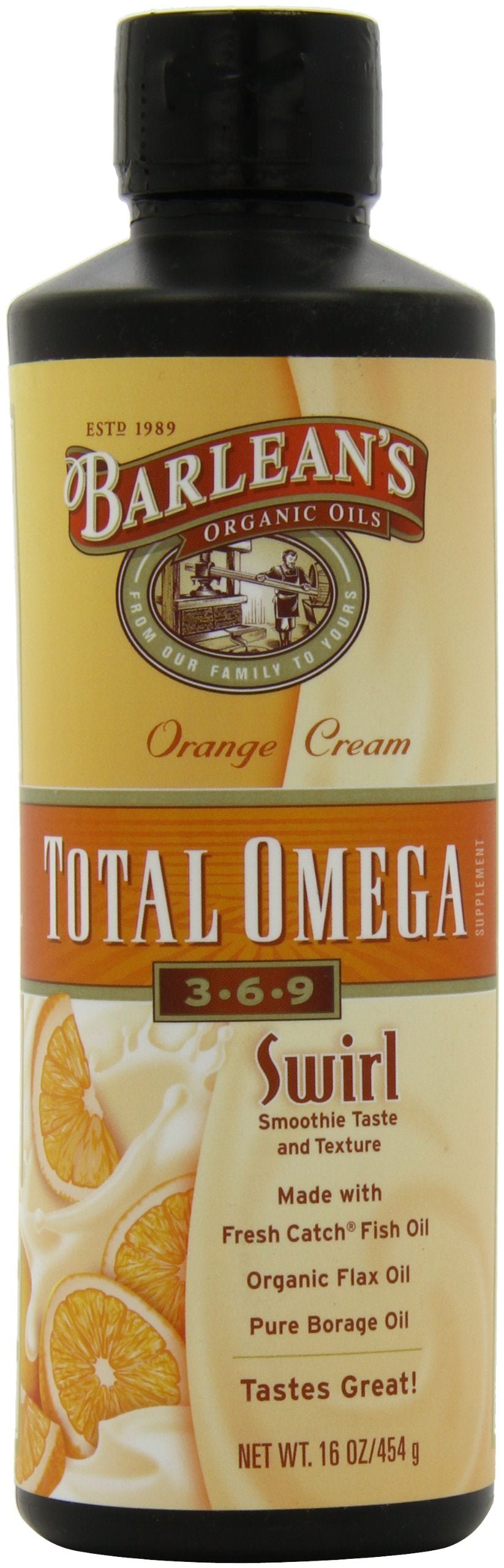Barlean's omega blend spoon dispensing a measured serving for daily use.
