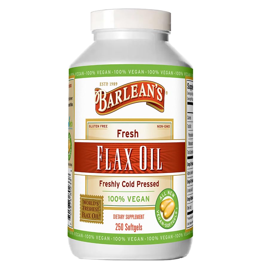 Barlean's vegan flaxseed oil softgels bottle shows 1,650 mg ALA per serving for daily Omega-3 intake.