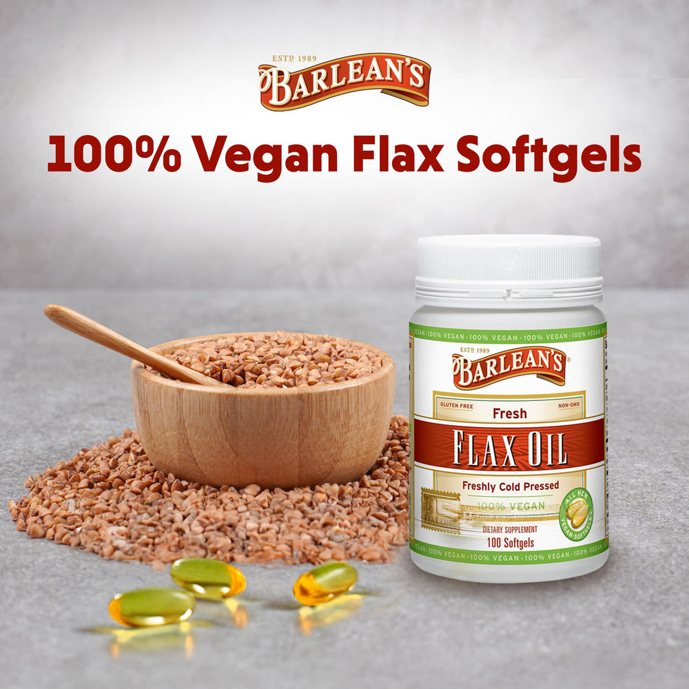 Barlean's Flaxseed Oil Softgels close-up emphasizes smooth capsules for easy swallowing.