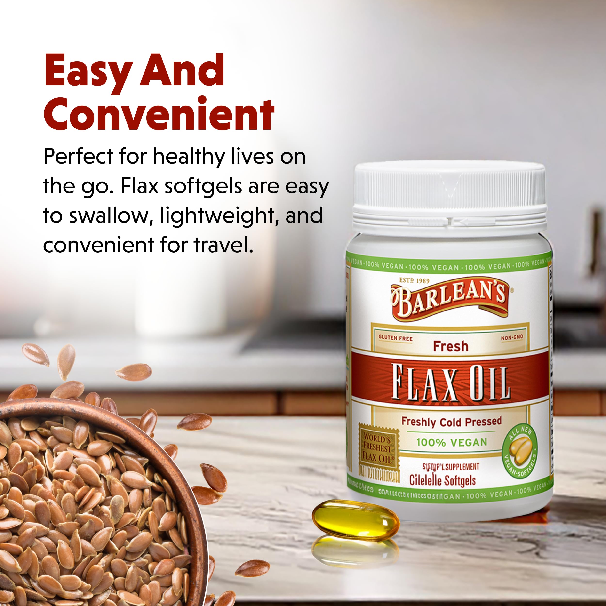 Barlean's Vegan Flaxseed Oil Softgels highlight non-GMO and gluten-free formulation.