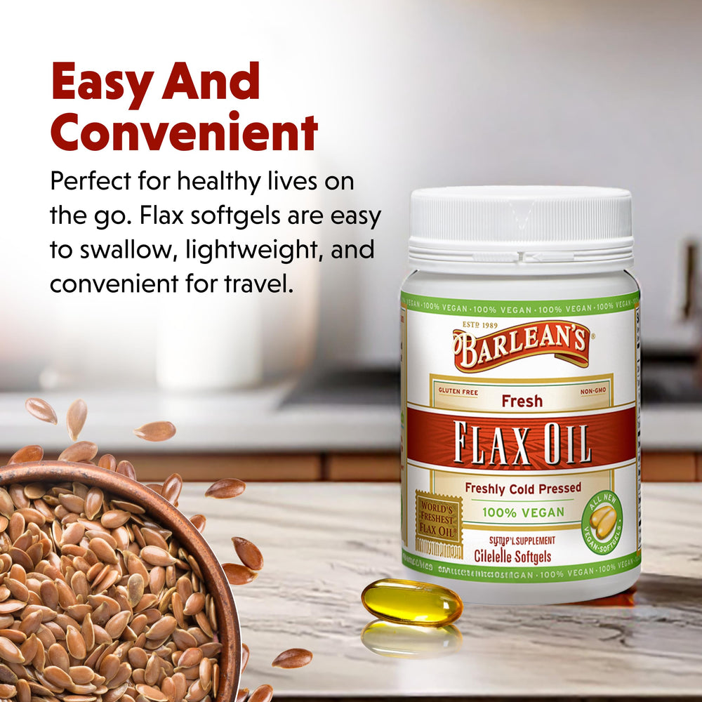 Barlean's Vegan Flaxseed Oil Softgels highlight non-GMO and gluten-free formulation.