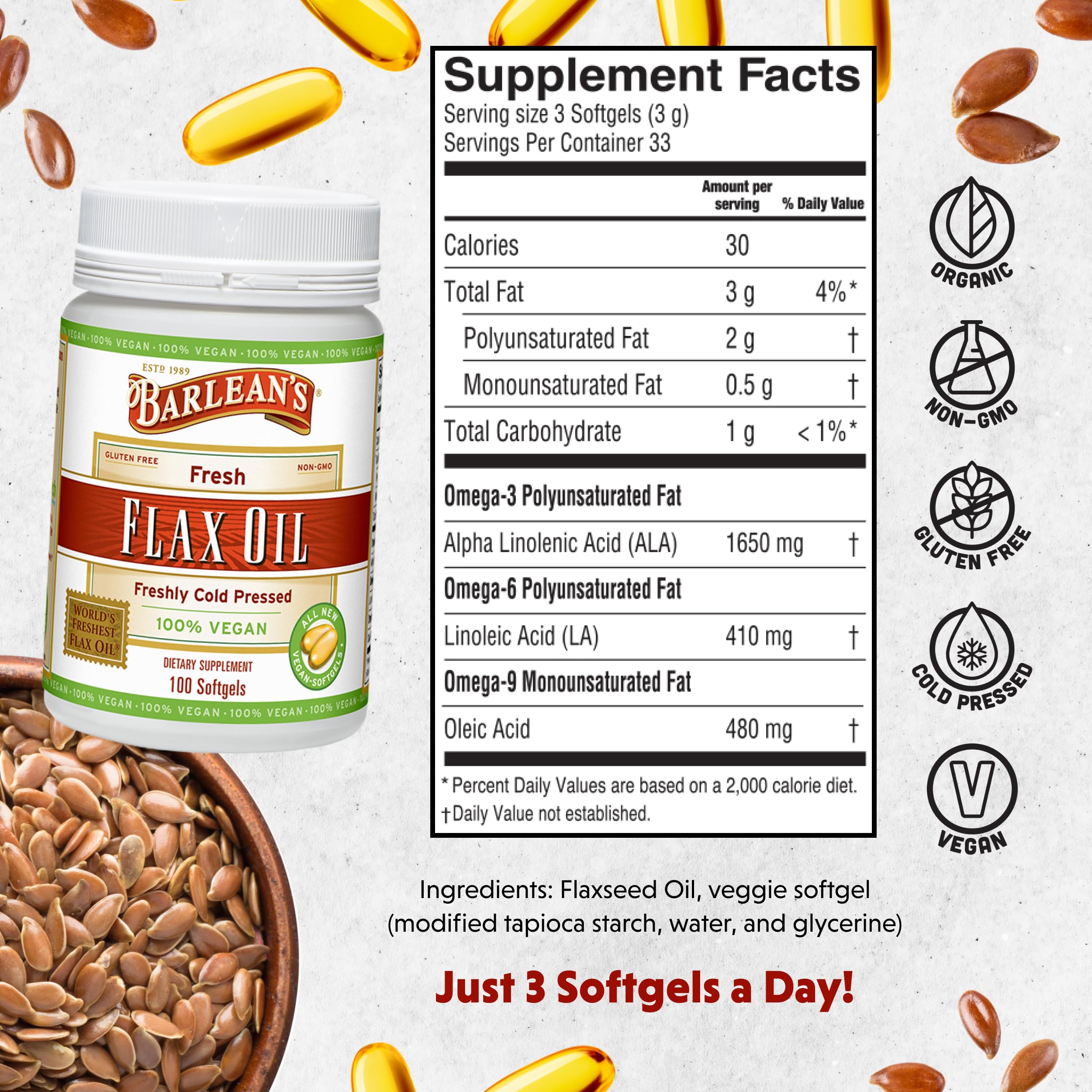 Barlean's Vegan Flaxseed Oil Softgels packaging highlighting cold-pressed vegan formula.