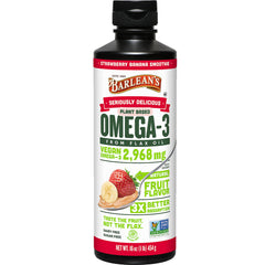Barlean's vegan omega-3-6-9 flax oil bottle supports daily heart and brain health.