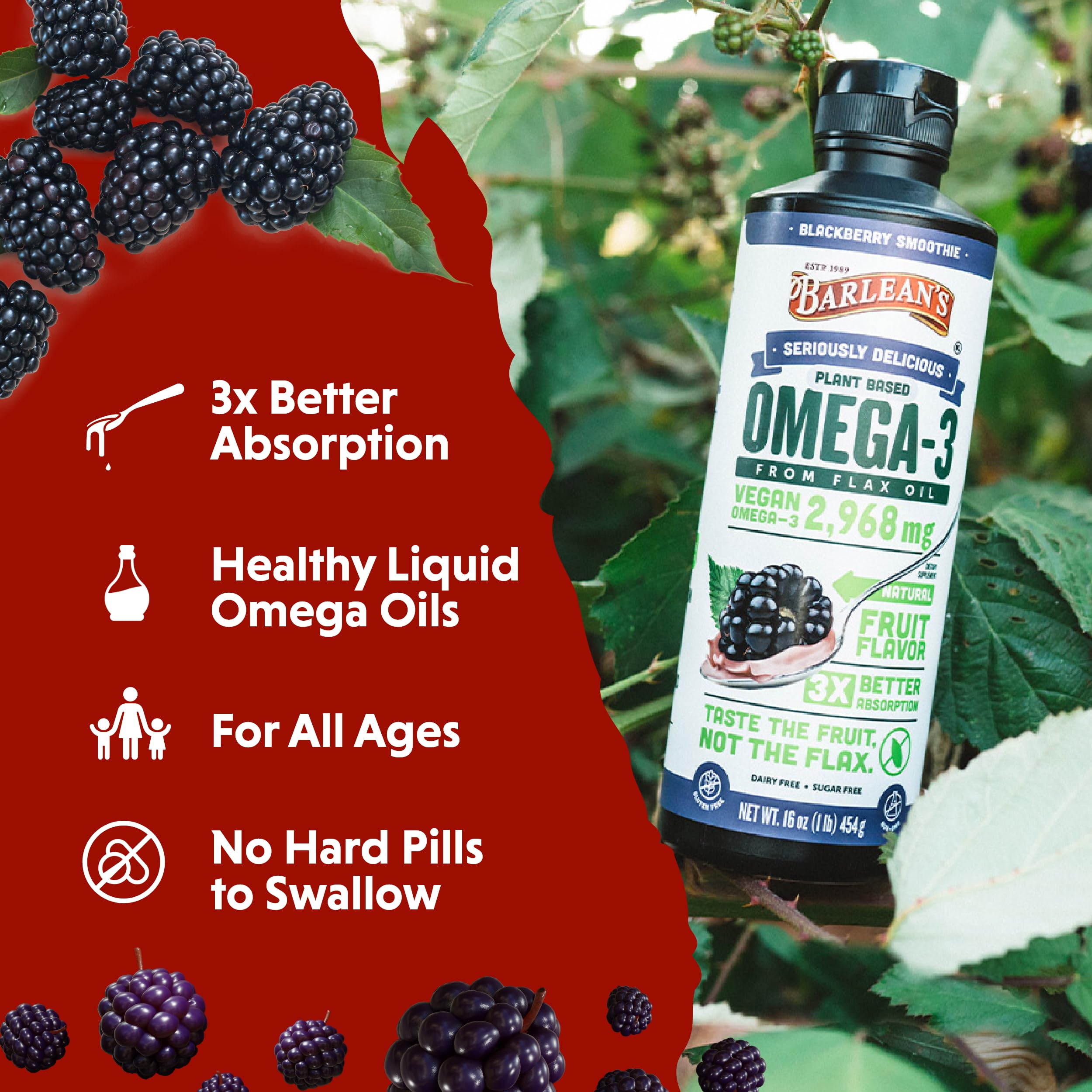 Barlean's flaxseed oil label highlights non-GMO and gluten-free features