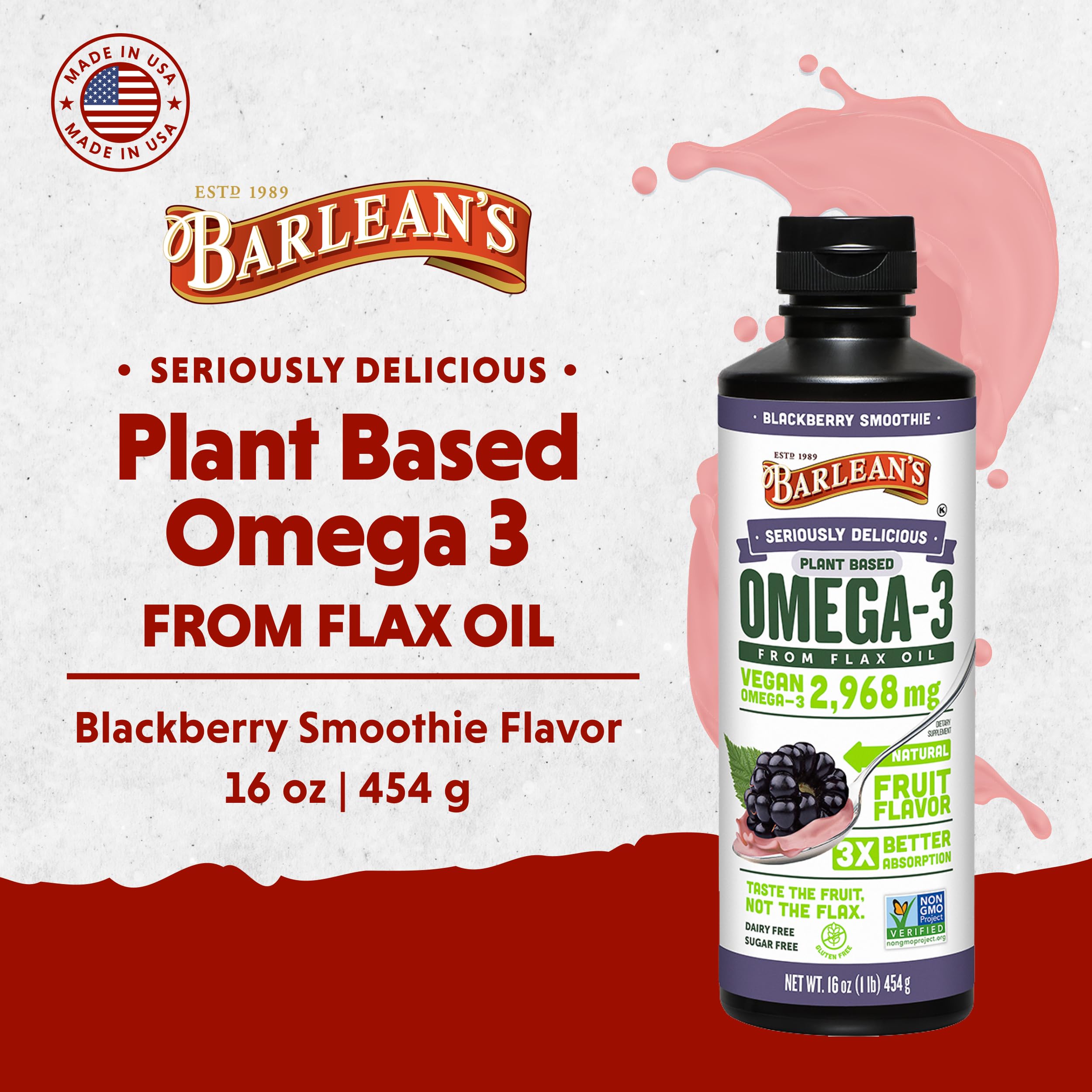 Barlean's flaxseed oil spoon being dispensed for easy daily use