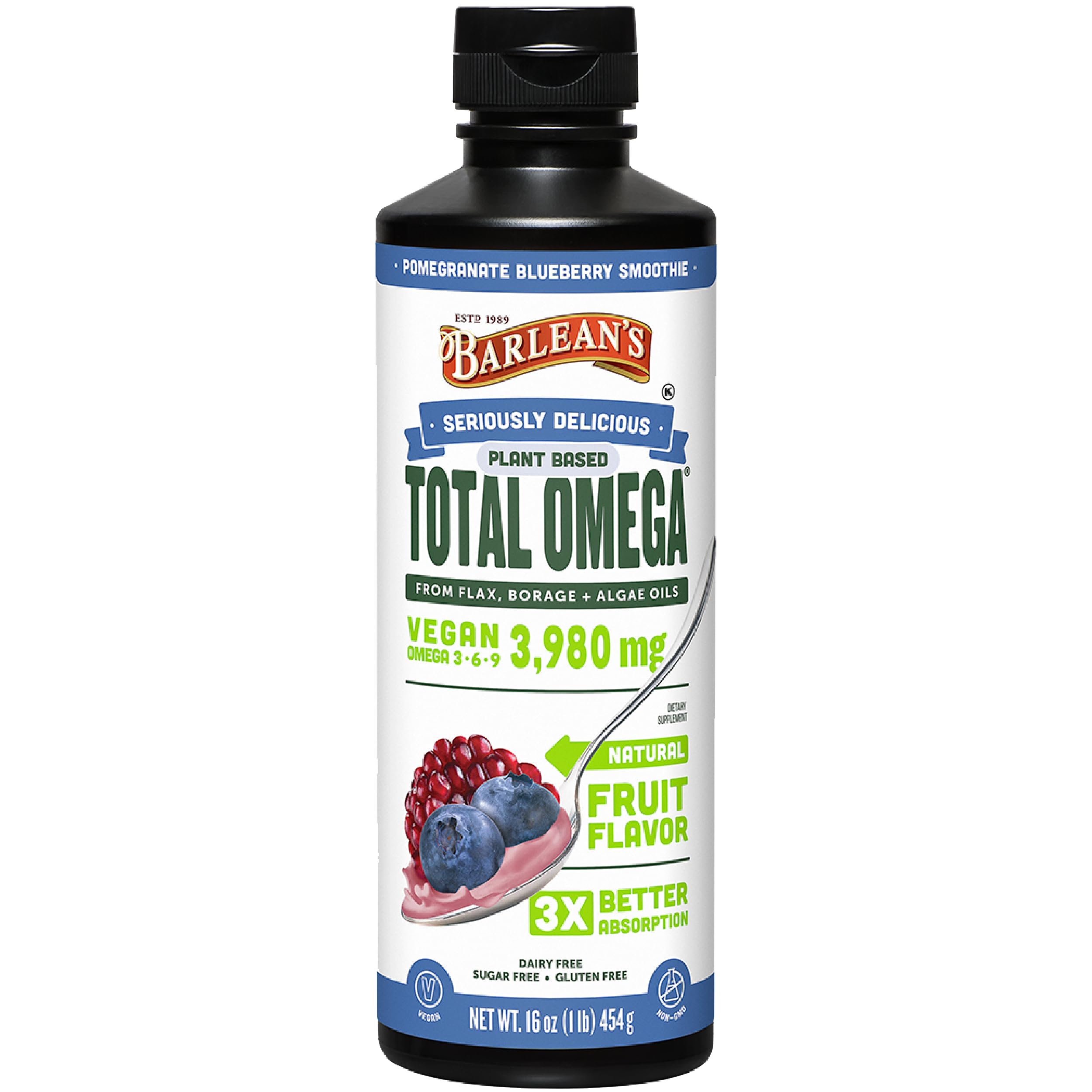 Barlean's vegan omega-3-6-9 oil bottle shows plant-based DHA and ALA.