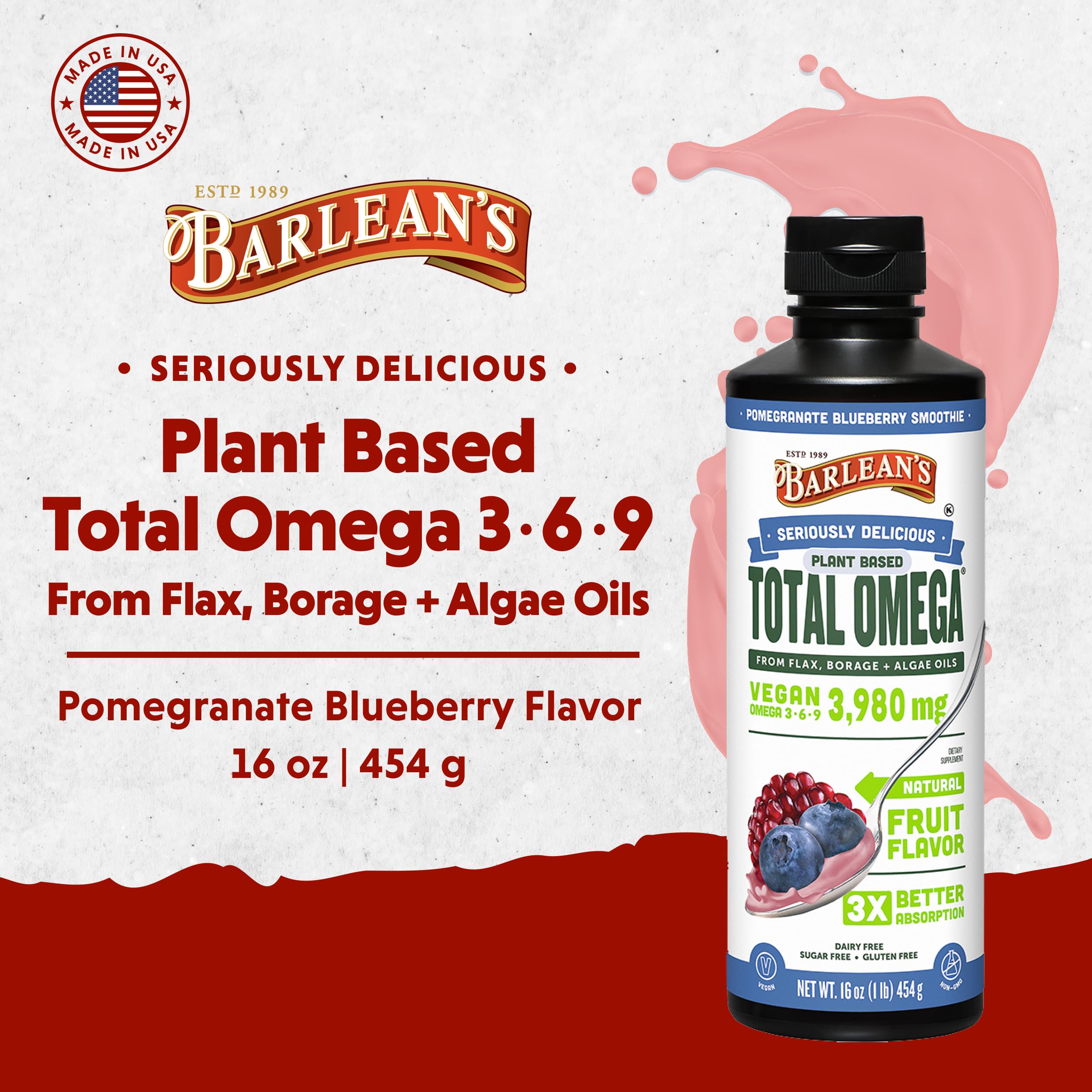Barlean's omega-3-6-9 pomegranate blueberry bottle highlights flavor for daily wellness.