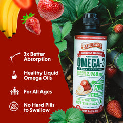 Barlean's strawberry banana flavor flax oil in a smoothie glass.