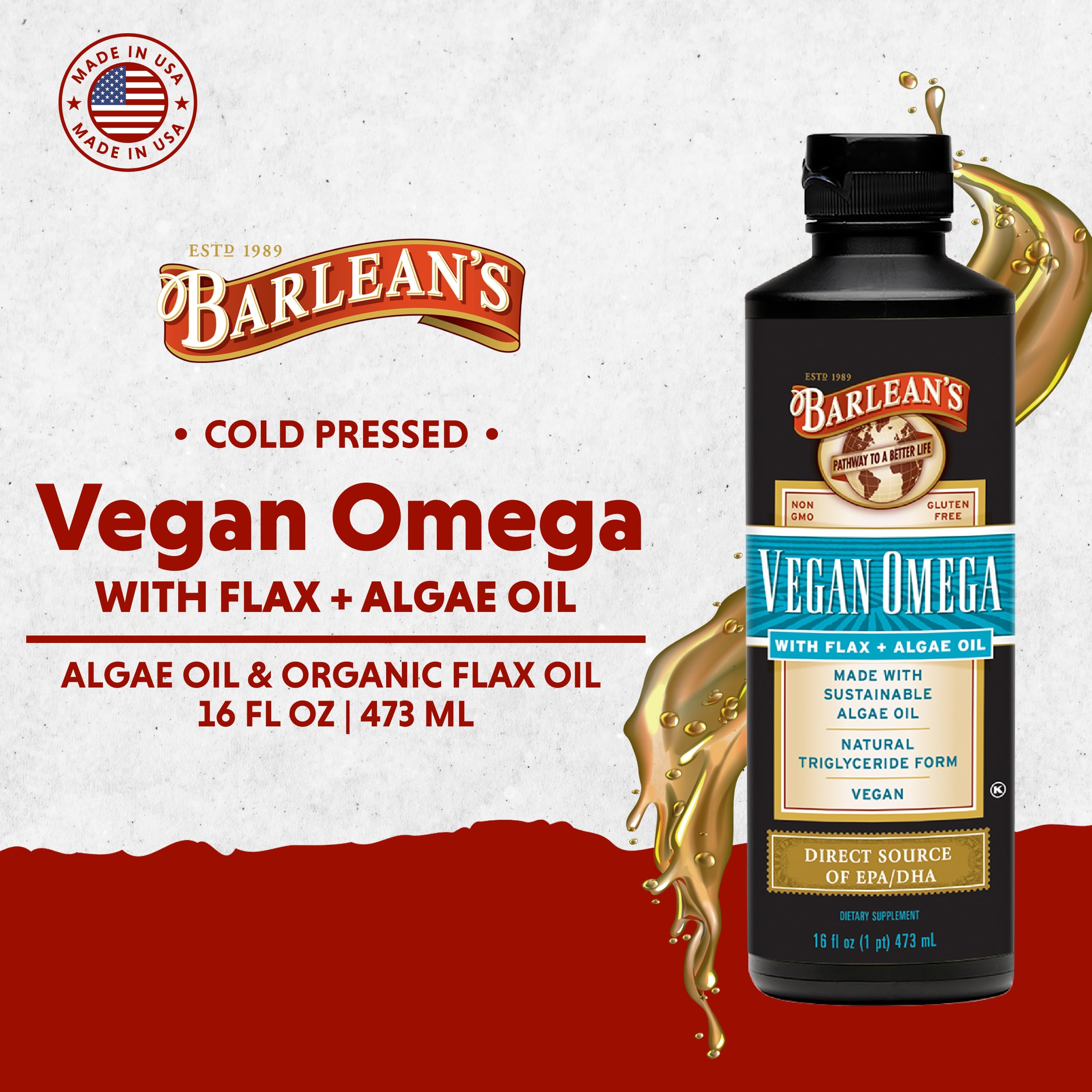 Barlean's Vegan Omega label close-up showing flax and algae blend details.