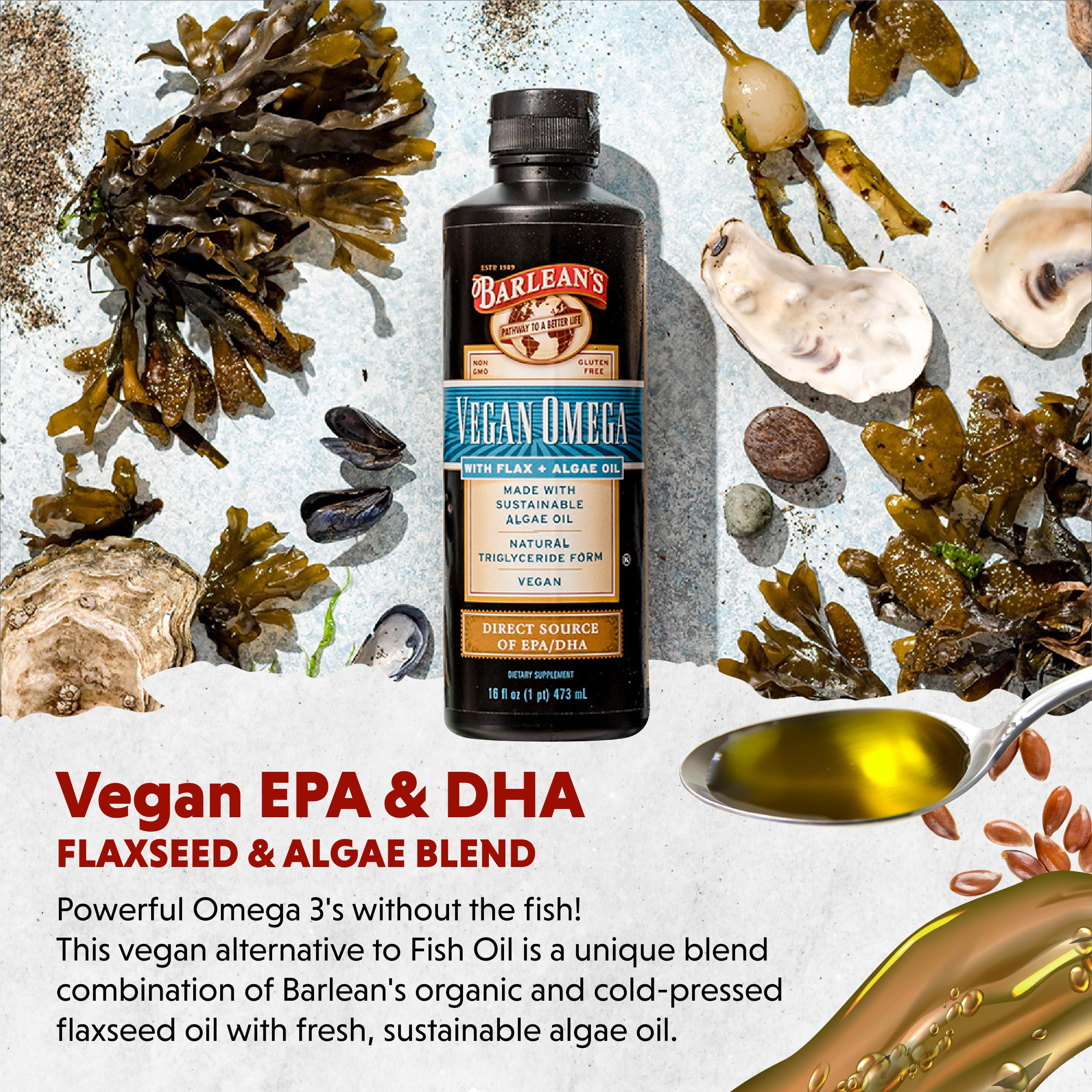 Barlean's Vegan Omega being poured into salad dressing for a mild boost.