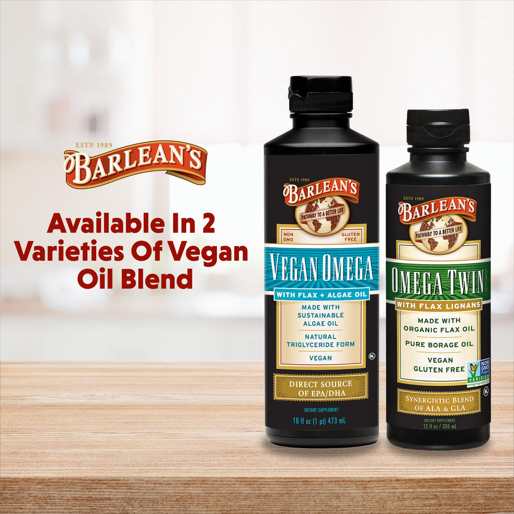 Barlean's Vegan Omega bottle shown with refrigeration guidance for freshness.