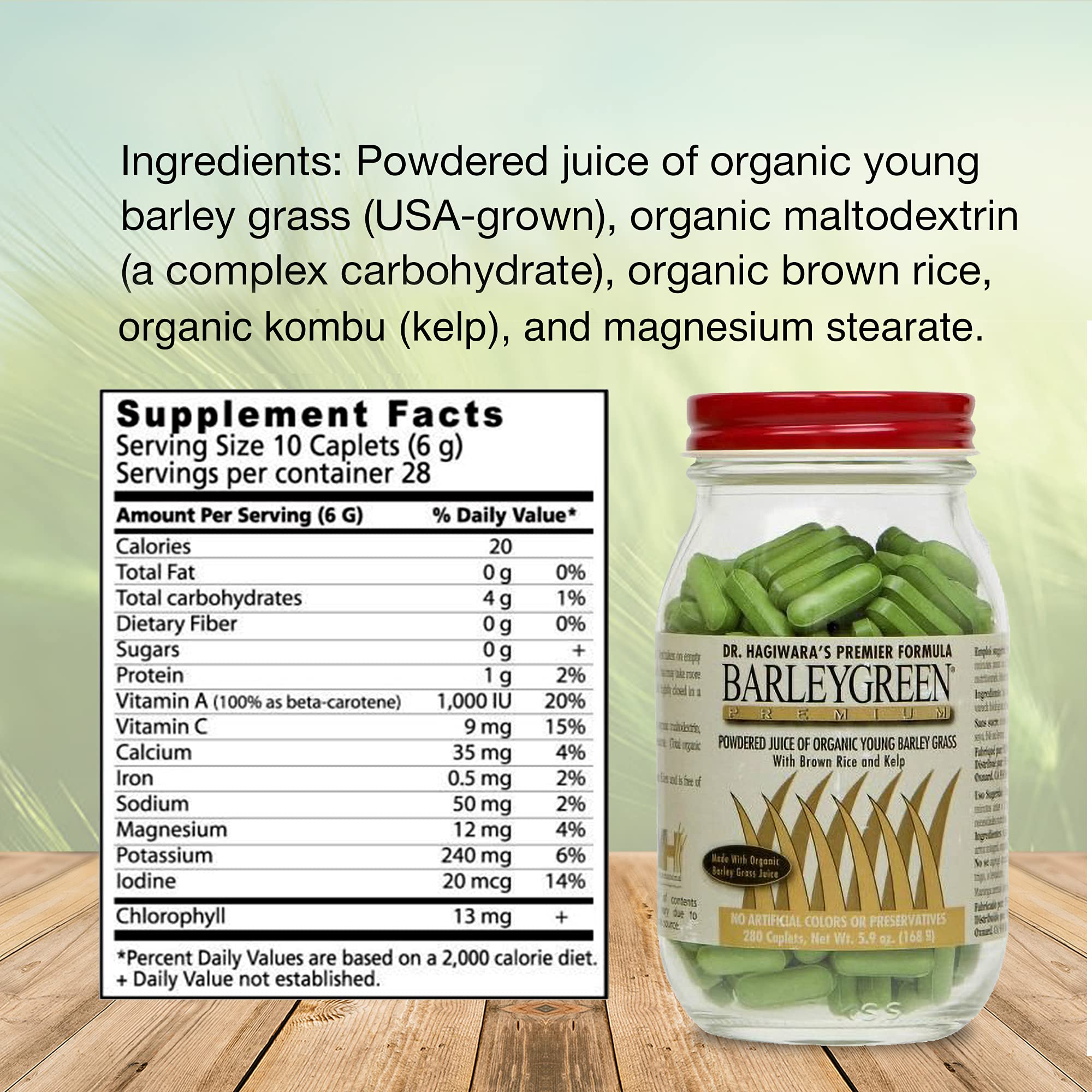 BARLEYGREEN label showing daily dosage of 10 caplets for routine use