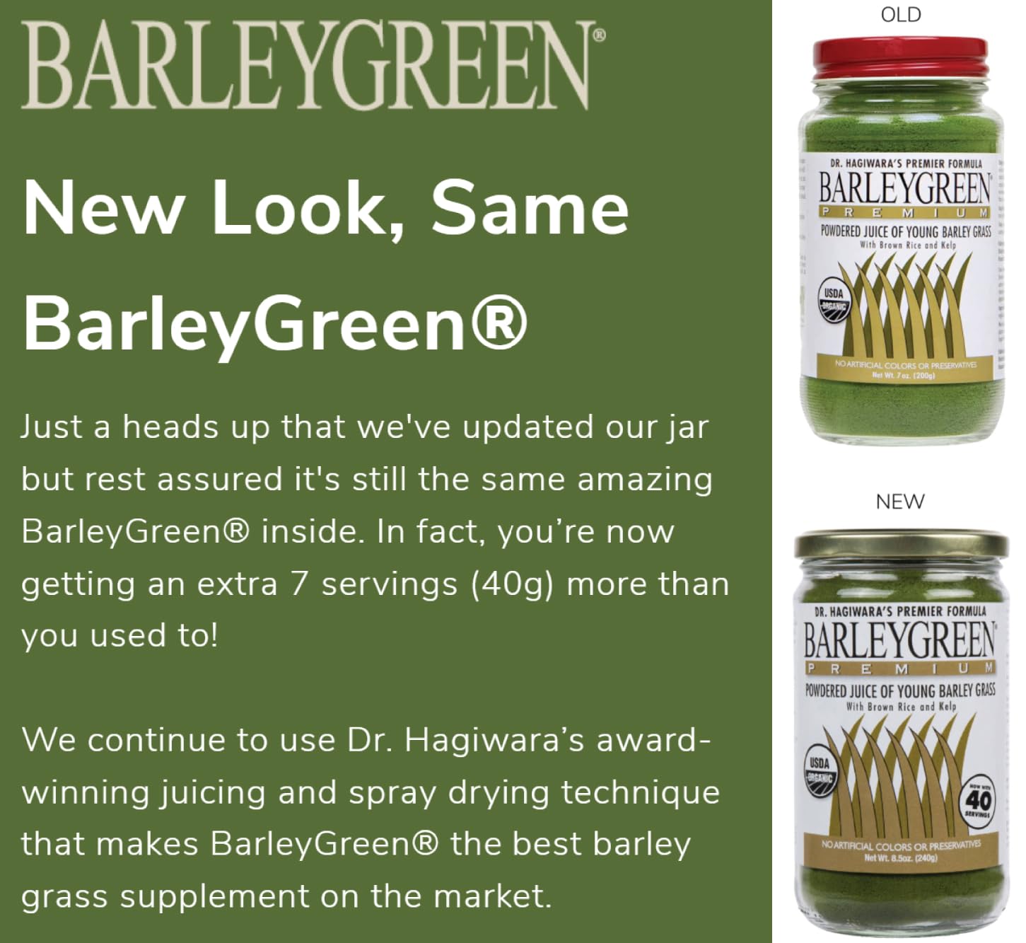 BARLEYGREEN barley grass powder jar highlights convenient daily smoothie or juice mix