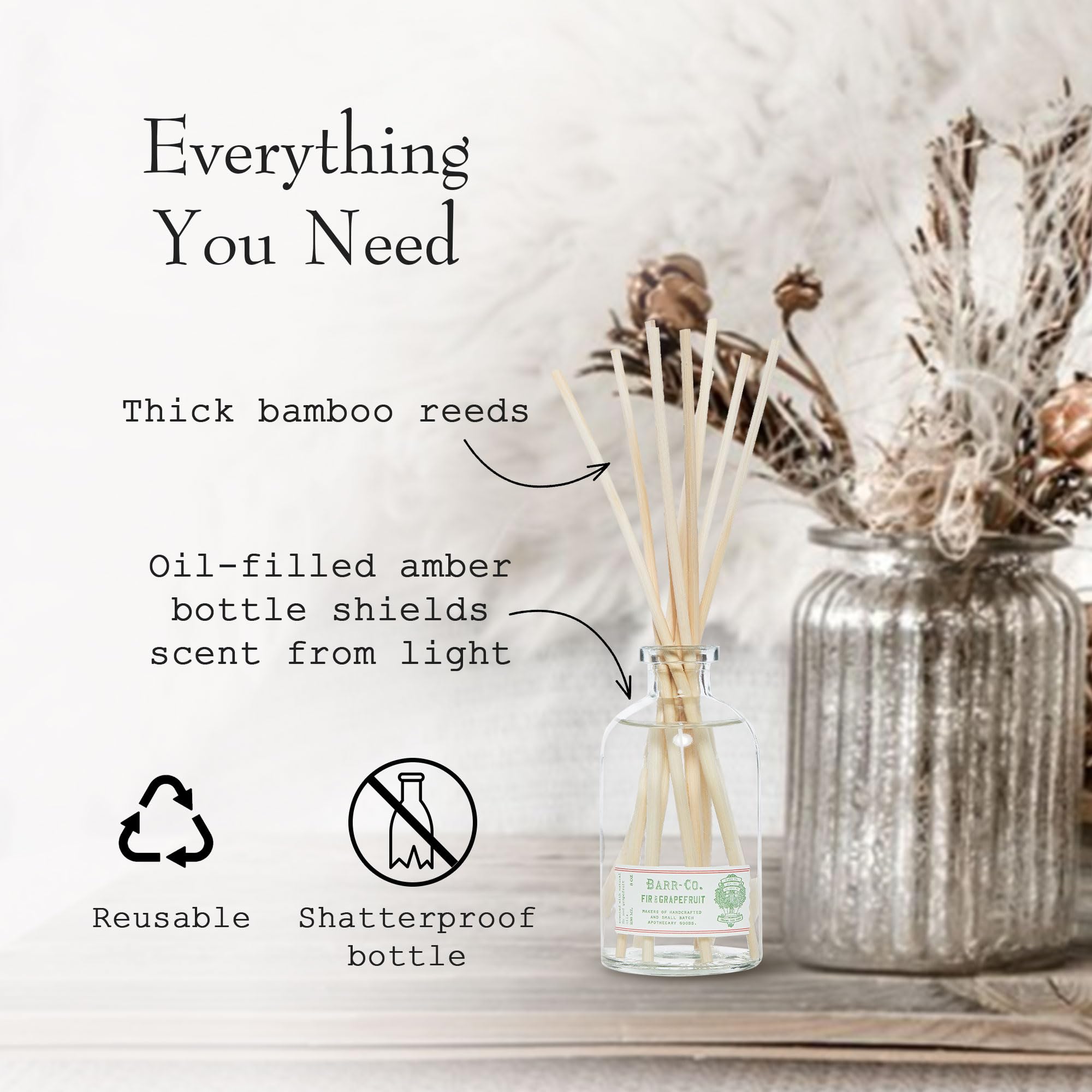 Refillable glass bottle protects oil from light for lasting fragrance.