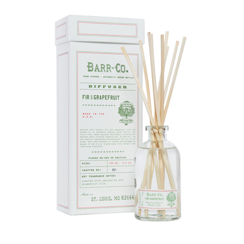 Barr-Co Fir & Grapefruit reed diffuser delivers long-lasting bright citrus aroma.