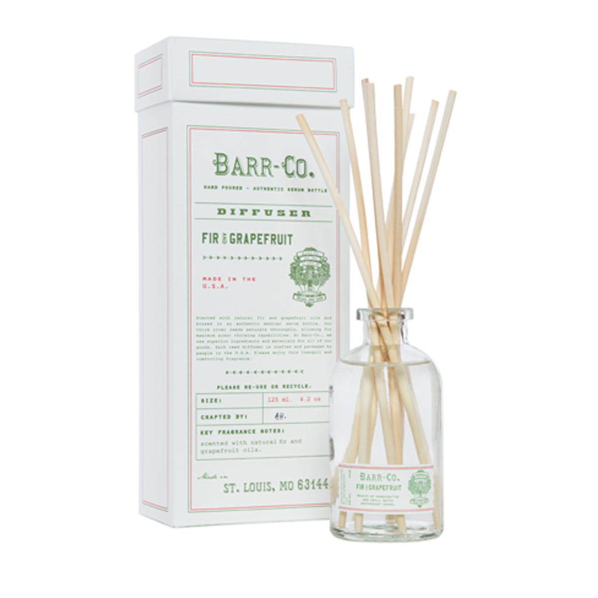 Barr-Co Fir & Grapefruit reed diffuser delivers long-lasting bright citrus aroma.