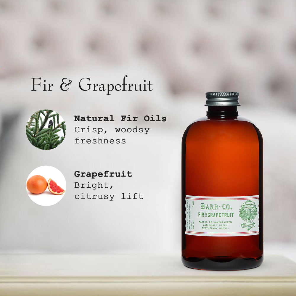 Barr Co Fir & Grapefruit diffuser in living room creates inviting atmosphere.