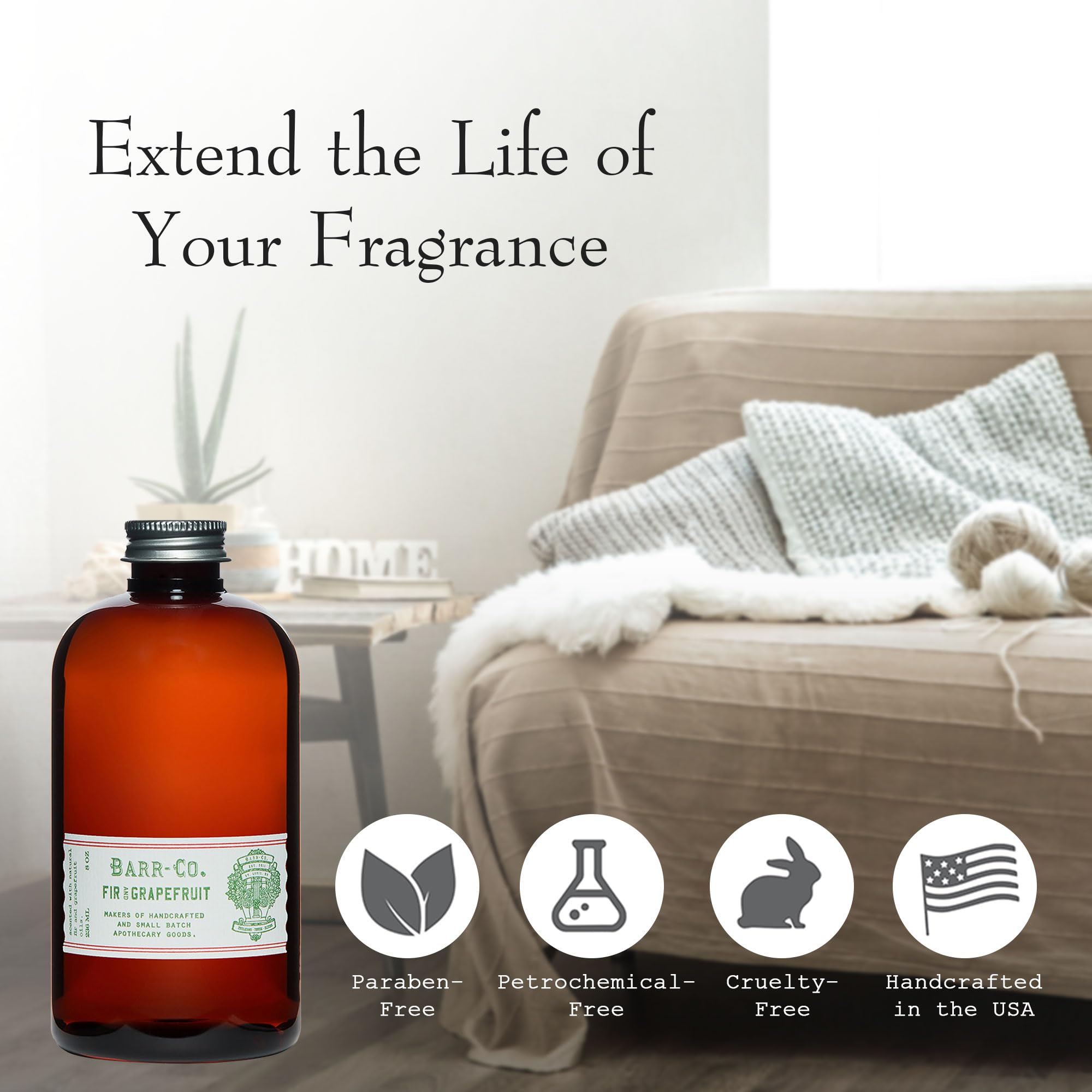 Barr Co Fir & Grapefruit diffuser refill oil closeup highlights vibrant citrus aroma.