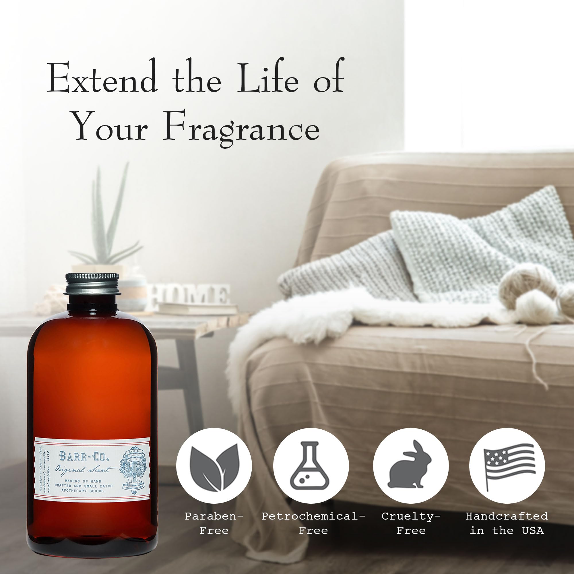 Barr Co lightproof glass bottle showcases the refill and preserves scent quality.