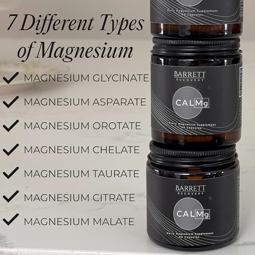 Close-up of CALMg capsules showing a seven-form magnesium blend.