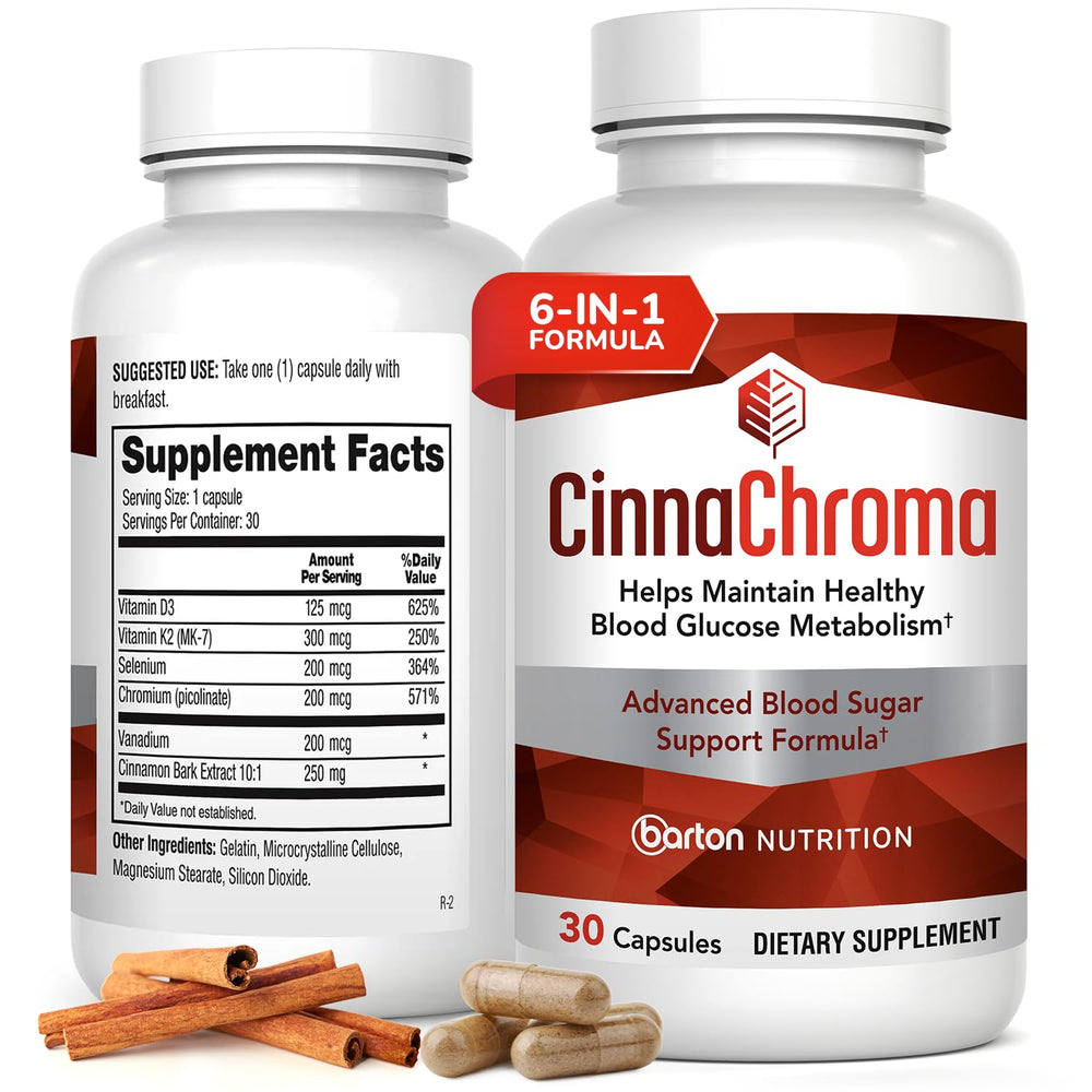 Barton Nutrition CinnaChroma capsule close-up; cinnamon extract with sugar-supporting potential.