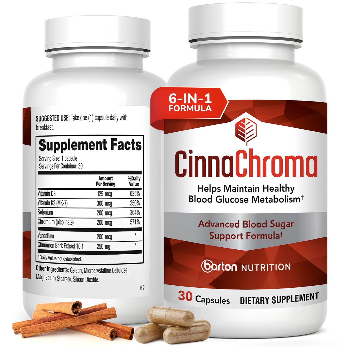 Barton Nutrition CinnaChroma capsule close-up; cinnamon extract with sugar-supporting potential.