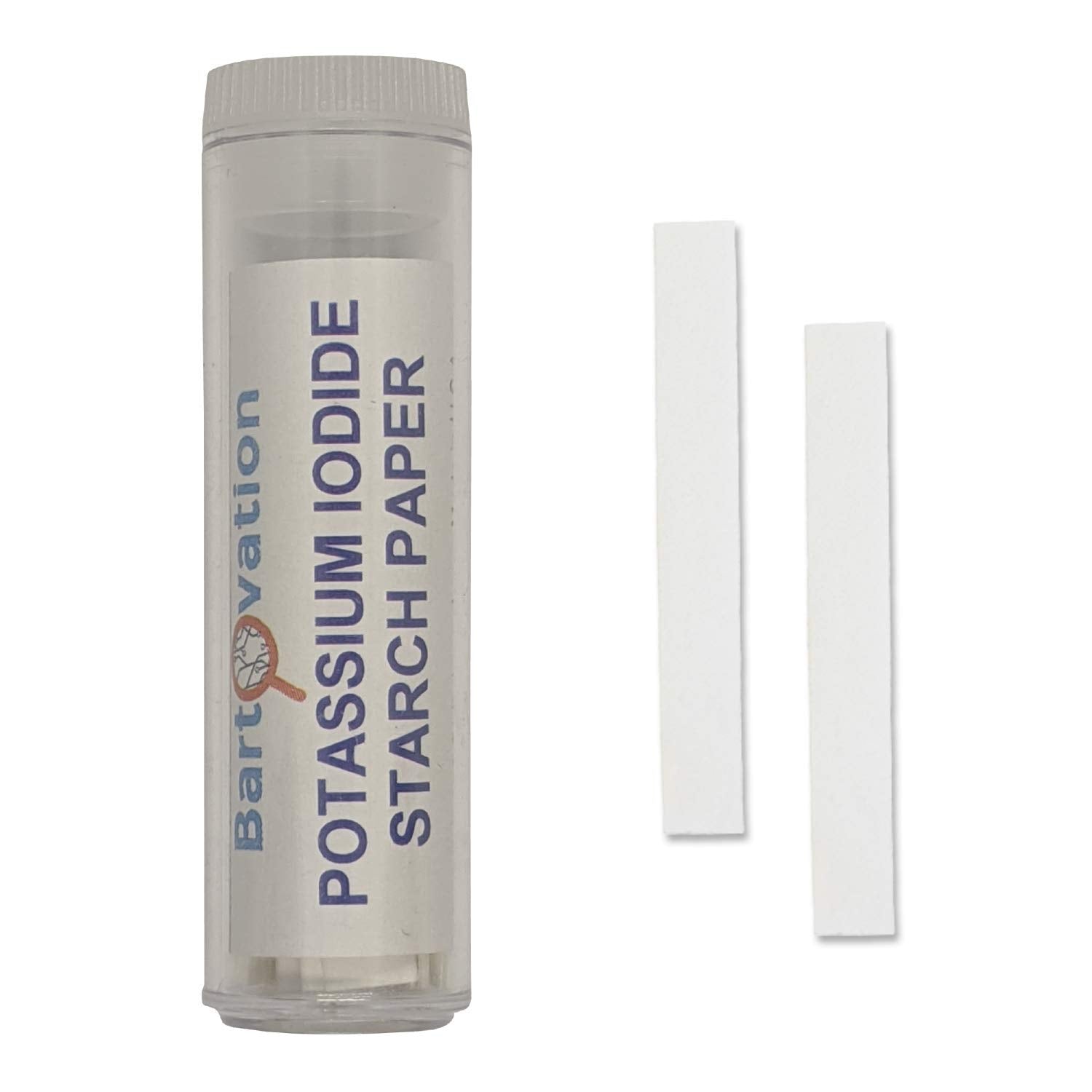 Bartovation potassium iodide test strips vial close-up for quick sanitizer checks