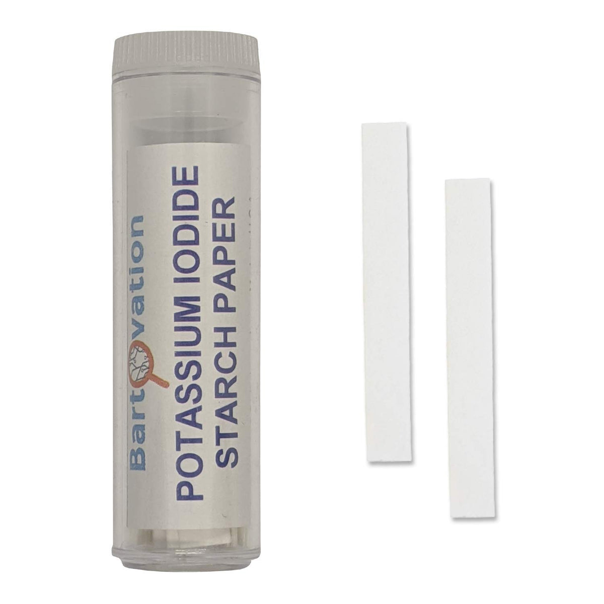 Bartovation potassium iodide test strips vial close-up for quick sanitizer checks